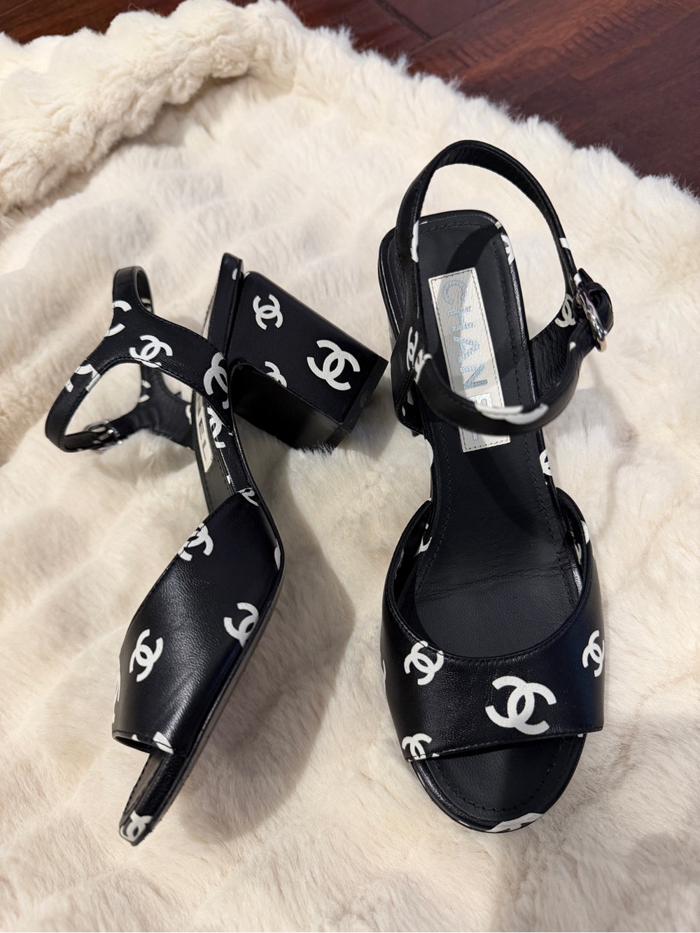 CHANEL Black and White Logo Slingback Block Heel Sandals